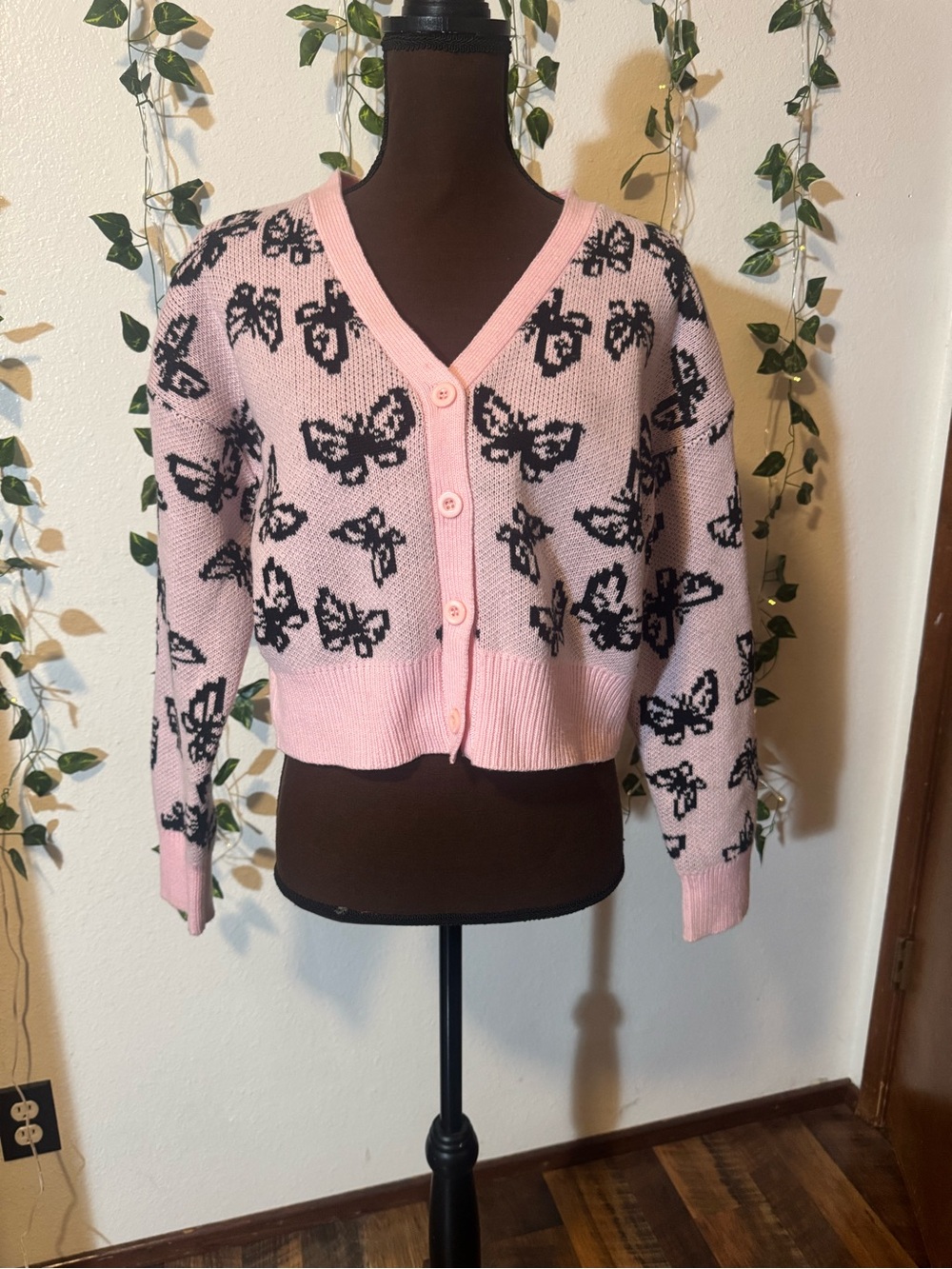Forever 21 Pink and Black Butterfly V‑Neck Button Cardigan